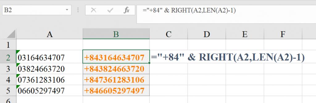 Thêm đầu số mã quốc gia vào số điện thoại bằng hàm Excel